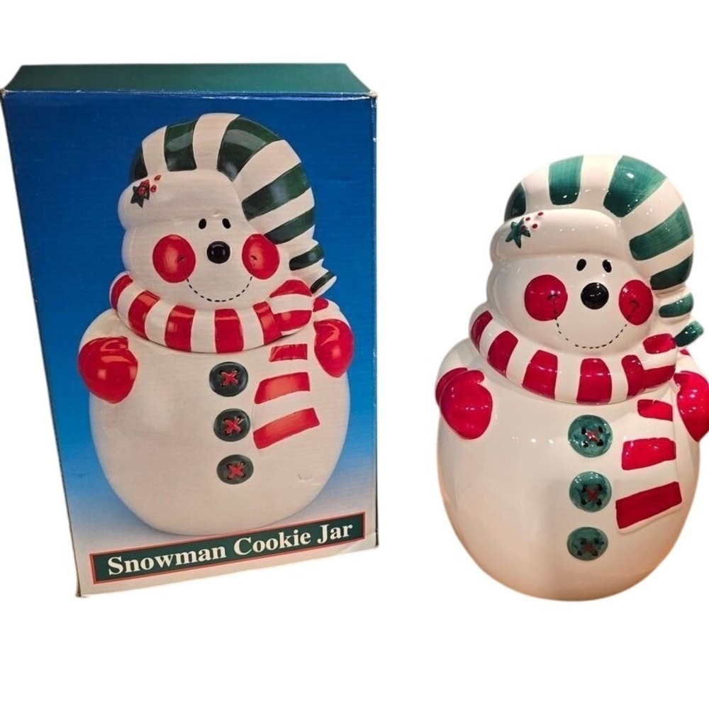 Snowman Ceramic Cookie Jar‎ Green Red Striped Hat & Scarf Original Box Christmas